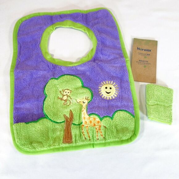 New Norwex Baby Bib Purple Tree Giraffe Monkey Washcloth Microfiber with Baclock - Picture 2 of 9